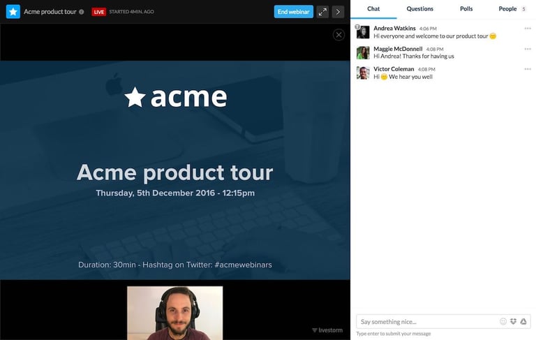 Screen shot of the Livestorm app with the Vonage video API in use